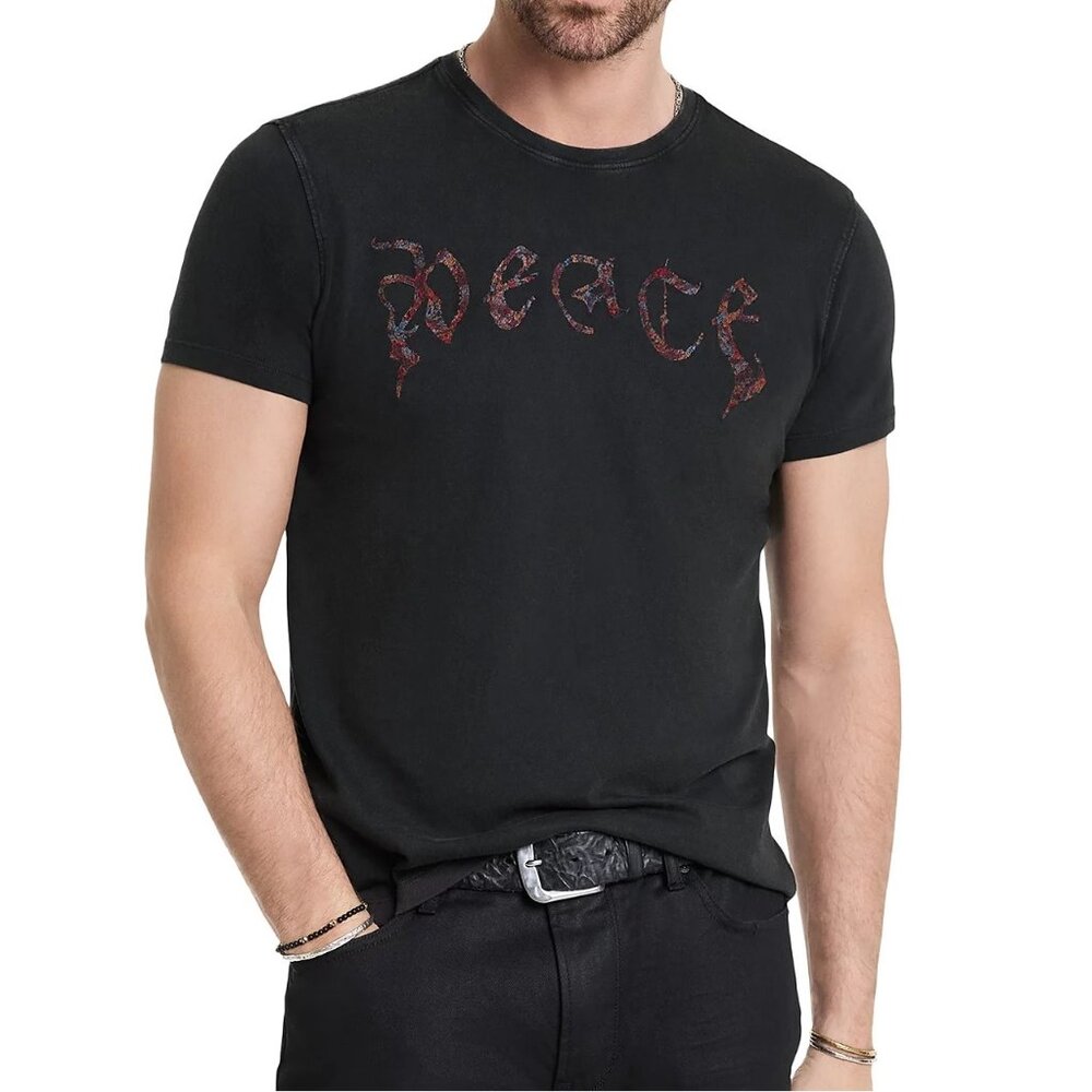 John Varvatos Goth Embroidered Peace Mens Crewneck Tee Shirt Charcoal NWT 128